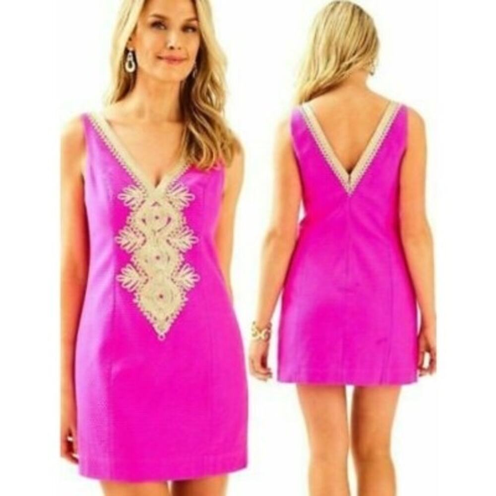 Lilly Pulitzer Junie Shift Dress Berry Sangria Pink Gold Resort Chic Summer Vibe